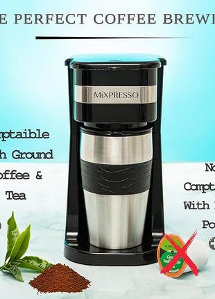 Mixpresso Black Personal Single Serve Coffee Maker with 14oz Travel Mug, Drip Small Coffee Maker with Auto Shut Off, Reusable Filter, Works with Ground Coffee Only – Not for K-Cup Pods