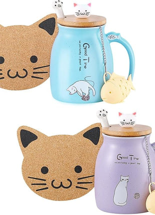 BigNoseDeer 2Pcs Kawaii Tea Cup with Infuser Ceramic Cat Mug Cute Mugs Coffee Mugs Gifts for Cat Lovers Cute Cool Preppy Stuff Mother's Day Gifts for Women 13oz