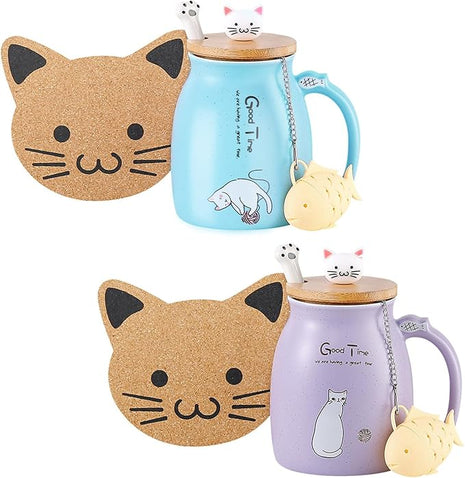 BigNoseDeer 2Pcs Kawaii Tea Cup with Infuser Ceramic Cat Mug Cute Mugs Coffee Mugs Gifts for Cat Lovers Cute Cool Preppy Stuff Mother's Day Gifts for Women 13oz