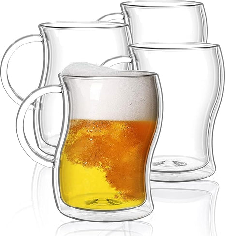 BTaT Double Walled Glass Beer Mugs, 4 Pack, 16 oz(500 ml), Freezer Safe, Stein Style