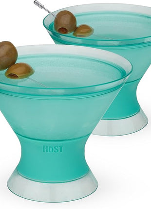Host Freeze Insulated Martini Cooling Cups, Plastic Freezer Gel Chiller Double Wall Stemless Cocktail Glass Set of 2 9oz, Tinted Aqua Blue, Green
