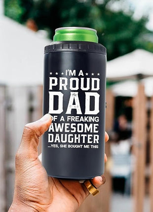 SANDJEST 4-in-1 Dad Tumbler Gifts for Dad from Daughter - 12oz Funny Proud Dad Can Cooler Tumblers Cup - Stainless Steel Insulated Cans Coozie Travel Mug Christmas, Birthday, Father's Day Gift