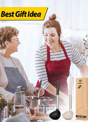 Pack of 2 Ladle Spoon,Silicone Large Spoon for Soup,Non Stick Kitchen Utensils with High Heat Resistant,BPA Free Perfect Kitchen Tools for Cooking, Stirring,Serving Soups (BLACK-KHAKI)