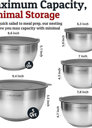 Priority Chef Stainless Steel Mixing Bowls with Lids Set, Metal Nesting Bowls with Airtight Lids, Graters, Non-Slip Base & Measurement Marks, Includes Utensil Set for Prep, Baking & Storage, Grey