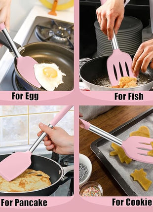 E-far Silicone Spatula Set of 2, Solid & Slotted Turner for Nonstick Cookware, Heat Resistant Rubber Kitchen Cooking Utensils for Flipping Fish Pancake Egg - Pink