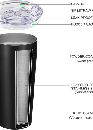 VEGOND 20oz Tumbler Bulk with Lid and Straw 12 Pack, Stainless Steel Vacuum Insulated Tumbler, Double Wall Coffee Cup Travel Mug, Black