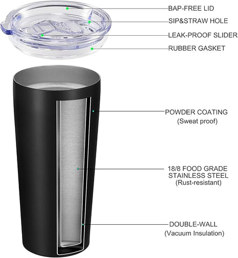 VEGOND 20oz Tumbler Bulk with Lid and Straw 12 Pack, Stainless Steel Vacuum Insulated Tumbler, Double Wall Coffee Cup Travel Mug, Black