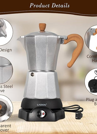 Cafeteras Electricas Modernas,6 Cup Portable Espresso Maker,300ml Moka Pot with Detachable Base & Overheat Protection, Great for Home，Office, or Travel, a Thoughtful Gift for Coffee Lovers