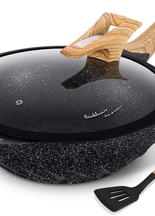 COOKLOVER Nonstick Woks And Stir Fry Pans Die-cast Aluminum Scratch Resistant 100% PFOA Free Induction Wok pan with Lid 12.6 Inch - Black
