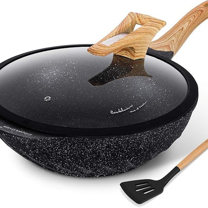 COOKLOVER Nonstick Woks And Stir Fry Pans Die-cast Aluminum Scratch Resistant 100% PFOA Free Induction Wok pan with Lid 12.6 Inch - Black