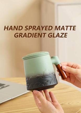 ZENS Tea Mug with Infuser and Lid for Loose Leaf Tea Steeper, 16.9 oz Embossed Ceramic Tea Cup with Fine Strainersand Wood Handle, Diffusers Accessories for Tea Lovers Gifts