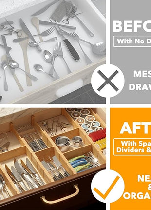 SpaceAid Bamboo Drawer Dividers with Inserts and Labels, Kitchen Adjustable Drawer Organizers, Expandable Organization for Home, Office, Dressers, 7 Dividers with 15 Inserts (17"-22" Natural)
