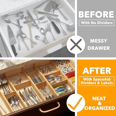 SpaceAid Bamboo Drawer Dividers with Inserts and Labels, Kitchen Adjustable Drawer Organizers, Expandable Organization for Home, Office, Dressers, 7 Dividers with 15 Inserts (17"-22" Natural)