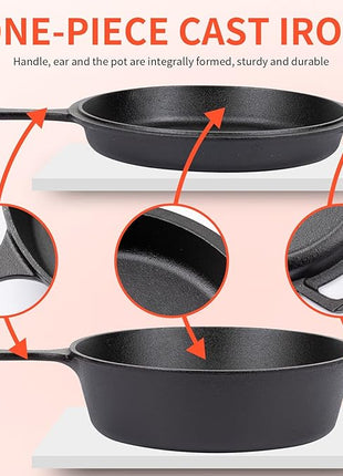 Overmont Cast Iron Dutch Oven with dual use Skillet lid for Oven, Induction, Electric, Grill, Stovetop, (3.2QT Pot, 10.5 inches)