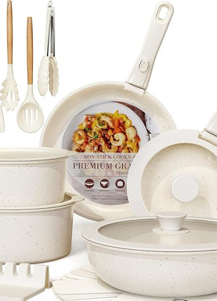 Astercook Ceramic Non-stick Cookware 21 Pcs Pots and Pans Set, Detachable Handle, RV Kitchen Non Stick Cooking Set Removable Handles, Oven Safe, Induction Ready, Stackable, Cream White