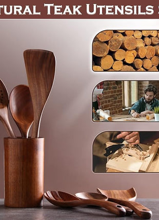 Wooden Spoons for Cooking, 6 Pcs Wooden Utensils for Cooking, Natural Teak Wood Non-Stick Cooking Spoons, Wood Utensils Set for Kitchen