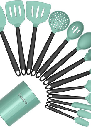Coukre Silicone Kitchen Cooking Utensils Set with Holder – Heat-Resistant, Food-Grade Kitchen Tools, Spatula, Spoon & Gadgets for Non-Stick Pans, Dishwasher Safe (14, AquaGreen)