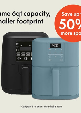 bella 6 Qt Slim Air Fryer, Fits-anywhere™ Kitchenware, EverGood™ Ceramic Nonstick Coating, Adjustable Temperature, 6 Preset Cooking Options, 60 Min Auto Shutoff w Audible Tone, 5lb Capacity, Surf