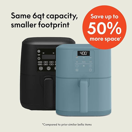 bella 6 Qt Slim Air Fryer, Fits-anywhere™ Kitchenware, EverGood™ Ceramic Nonstick Coating, Adjustable Temperature, 6 Preset Cooking Options, 60 Min Auto Shutoff w Audible Tone, 5lb Capacity, Surf