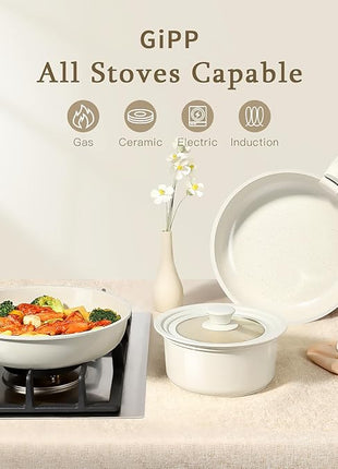 GiPP Ceramic Pots and Pans Set Non Stick, Nonstick Detachable Handle Cookware Sets, Healthy Non Toxic PFAS PFOA & PTFE Free, Dishwasher ＆Oven Safe, Induction Kitchen Pot and Pan, 15 Piece Cream