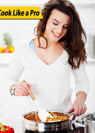 Pack of 4 Silicone Cooking Utensils Set, Non Stick Solid Spatulas and Heat Resistant Slotted Spoons with Wooden Handle, Ideal Wood Kitchen Utensils Set for Frying,Serving,Turning,Stirring (WHITE)