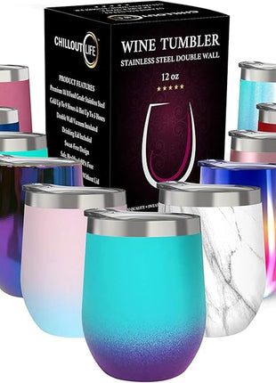 CHILLOUT LIFE 12 oz Stainless Steel Wine Tumbler with Lid - Double Wall Vacuum Insulated Wine Cup Glass Keeping Cold & Hot for Coffee, Champagne, Cocktails, Ice Cream - Powder Coated Caribbean Lily