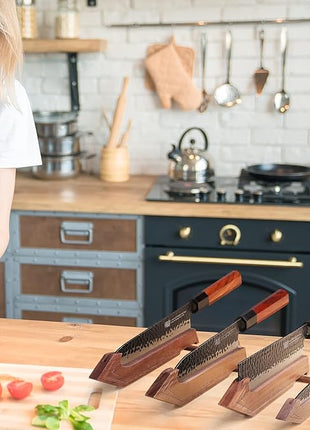 FINDKING Chefs Knives Set and Edge Guards, High Carbon Steel Kitchen Knives, Walnut Knife Holders, for Home Kitchen, Meat, Fruits, Vegetables, Dynasty Series, 8PCS