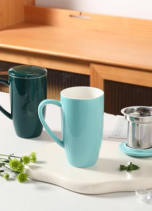 Sweejar Porcelain Tea Infuser Mug with Lid, 20 oz Teacup with Strainers for Loose Leaf Tea, Microwave and Dishwasher Safe Coffee Mug(Turquoise)