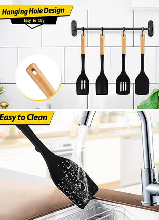 Pack of 4 Silicone Kitchen Utensils Set, Non Stick Solid Spatulas and Heat Resistant Slotted Spoons with Wooden Handle, Ideal BPA Free Cooking Utensils for Mixing,Serving,Turning,Stirring(BLACK)