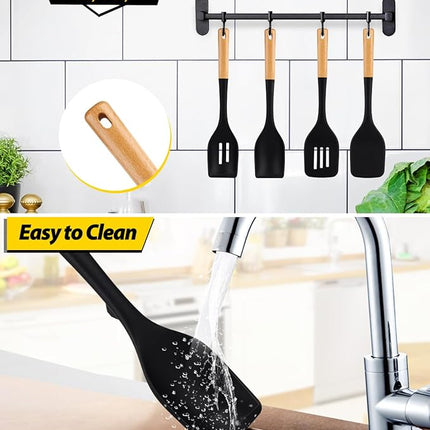 Pack of 4 Silicone Kitchen Utensils Set, Non Stick Solid Spatulas and Heat Resistant Slotted Spoons with Wooden Handle, Ideal BPA Free Cooking Utensils for Mixing,Serving,Turning,Stirring(BLACK)