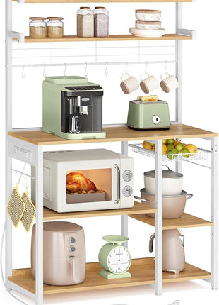 VASAGLE Bakers Rack with Power Outlet, 35.4 Inches Microwave Stand, Coffee Bar, 4 AC Outlets, with Adjustable Shelves, 8 S-Hooks, Basket, Spice Racks, Golden Oak and Cloud White UKKS031Y09
