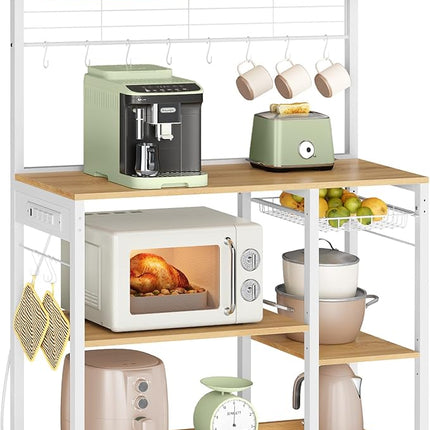VASAGLE Bakers Rack with Power Outlet, 35.4 Inches Microwave Stand, Coffee Bar, 4 AC Outlets, with Adjustable Shelves, 8 S-Hooks, Basket, Spice Racks, Golden Oak and Cloud White UKKS031Y09