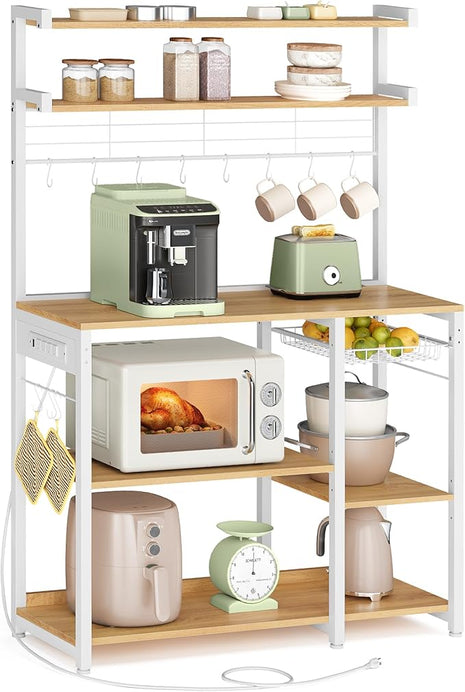VASAGLE Bakers Rack with Power Outlet, 35.4 Inches Microwave Stand, Coffee Bar, 4 AC Outlets, with Adjustable Shelves, 8 S-Hooks, Basket, Spice Racks, Golden Oak and Cloud White UKKS031Y09