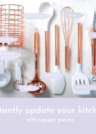 White Silicone and Copper Kitchen Utensils Set with Holder - 17-Piece Rose Gold Cooking Tools for Nonstick Cookware, with Measuring Cups, Spoons, & Utensil Holder - Stylish Copper Kitchen Accessories
