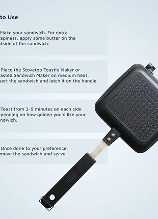 Jean-Patrique Stovetop Panini Grill Press Sandwich Maker, Black – Ceramic Nonstick Grilled Cheese Maker with Handles - Indoor & Outdoor Double-sided Sandwich Toaster