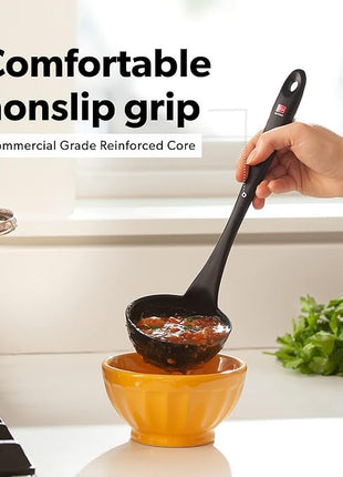 DI ORO Silicone Ladle & Spoons for Cooking – Large Kitchen Spoons for Mixing, Serving, & Stirring - Soup Ladle with Wide Bowl - High Heat Silicone Kitchen Utensils for Nonstick Cookware Safe (Black)