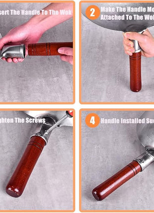 Carbon Steel Wok Traditional Hand Hammered - 13.4" Chinese Woks Round Bottom Wok Pan Set with 8 Pcs Cookware Accessories