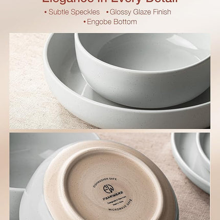 Famiware Milkyway Stoneware Dinnerware Sets with Pasta Bowls, Service for 4 (16 Pieces), Plates and Bowls Sets -Scratch Resistant, Microwave and Dishwasher Safe Dishes Set, Light Gray
