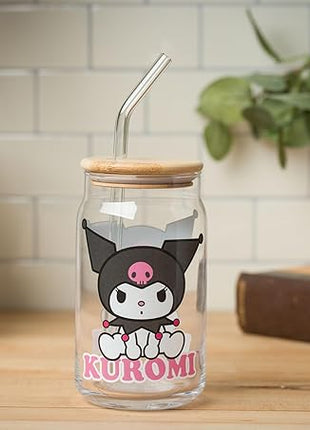Silver Buffalo Sanrio Hello Kitty and Friends Kuromi 2 Pack Glass Jar Tumbler with Bamboo Lid and Glass Straw, 16 Ounces