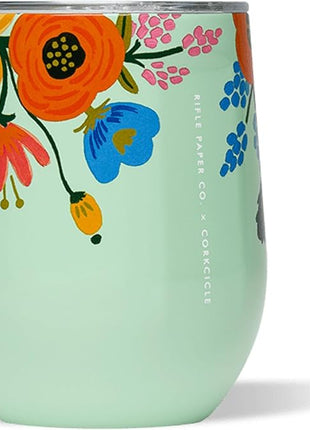 Corkcicle Stemless Insulated Wine Glass Tumbler - Keeps Beverages Cold 6 Hrs Hot 3 Hrs - Stainless Steel - Easy-Grip - Gift for Mom - Great for Mother's Day or Christmas - 12 oz - Mint Lively Floral