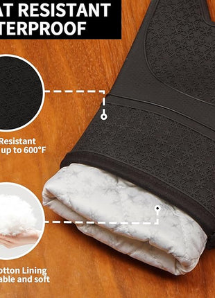 Hovico Silicone Oven Mitts, Heat Resistant 500F Kitchen Mitts 2PCS, 11.6" BPA-Free Soft Baking Gloves, Non-Slip Grip Oven Gloves with Soft Cotton Lining for Kitchen Cooking Baking BBQ - Black