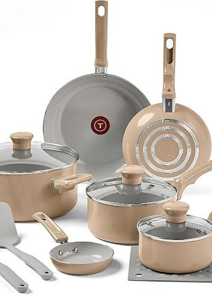 T-Fal Refresh Ceramic Nonstick Cookware Set, 12-Piece, Oven Safe to 350°F, Includes Stockpot, Griddle, Frying Pans, Utensils, Ceramic Pots and Pans Set, Sand Beige