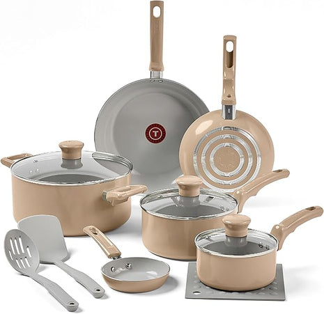 T-Fal Refresh Ceramic Nonstick Cookware Set, 12-Piece, Oven Safe to 350°F, Includes Stockpot, Griddle, Frying Pans, Utensils, Ceramic Pots and Pans Set, Sand Beige