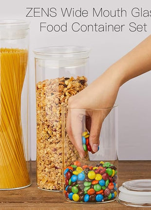 ZENS 37oz Glass Jars Set of 2, Clear Glass Kitchen Canisters with Airtight Lids, Wide Mouth Glass Storage Containers for Cereal, Coffee Beans, Loose Tea
