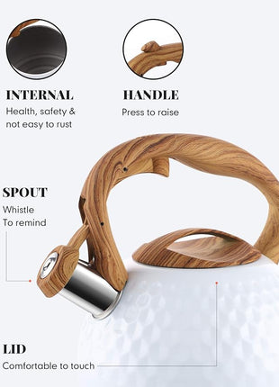 BELANKO 2.7 Quart Tea Kettle for Stovetop - Food Grade Stainless Steel with Diamond Texture, Designer Teapot Look, Cool-Touch Wood Pattern Handle, Whistling Spout - Gloss White