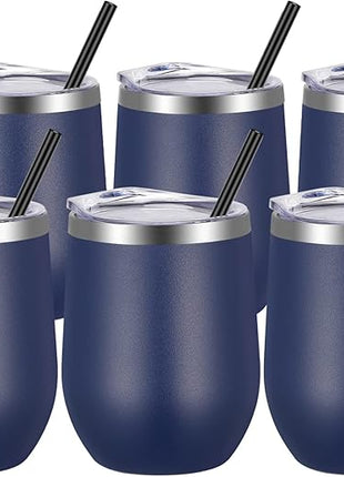 VEGOND Wine Tumblers Bulk 6 Pack, 12oz Stainless Steel Stemless Wine Glass with Lids and Straws, Double Wall Vacuum Insulated Tumbler Cup, Coffee Mug for Cold Hot Drinks