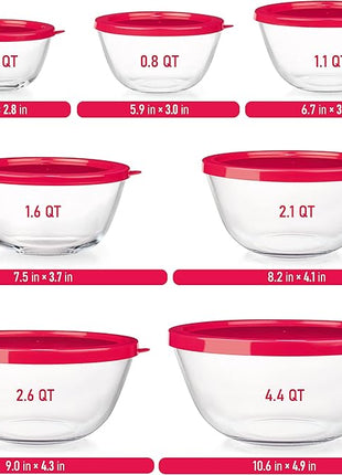 7 Stackable Space-Saving Nesting Glass Bowls with Pink Lids for Foodprep, Storage, Baking, Mixing & Cooking, Microwave Safe - Durable Inert Borosilicate Glass