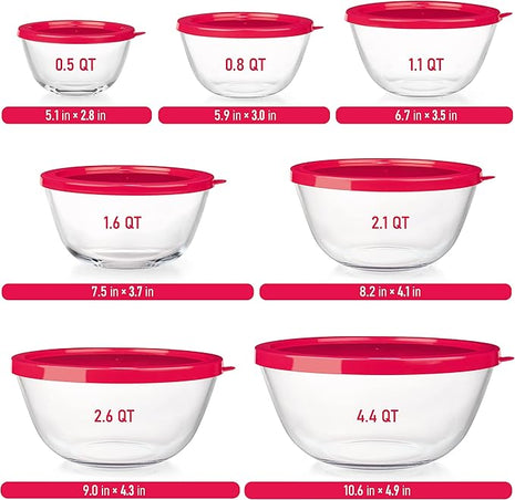 7 Stackable Space-Saving Nesting Glass Bowls with Pink Lids for Foodprep, Storage, Baking, Mixing & Cooking, Microwave Safe - Durable Inert Borosilicate Glass