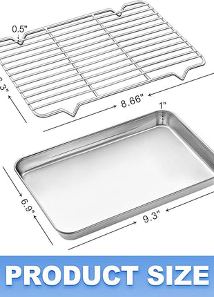 Baking Sheet with Wire Rack, Cookie Sheet Baking Pan Toaster Oven Tray with Cooling Rack, Stainless Steel Eighth Sheet Pan with Rack 9' x 7' x 1', Healthy & Non Stick & Dishwasher Safe