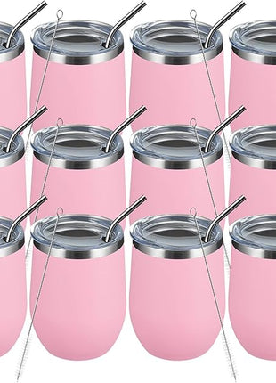 MEWAY 12oz/12 Pack Wine Tumbler Glasses with Lid -Double Wall Vacuum Stainless Steel Travel Tumbler Mug,Stemless Insulated Wine Cup for,Coffee,Cocktails,Gifts (Pink,Set of 12)